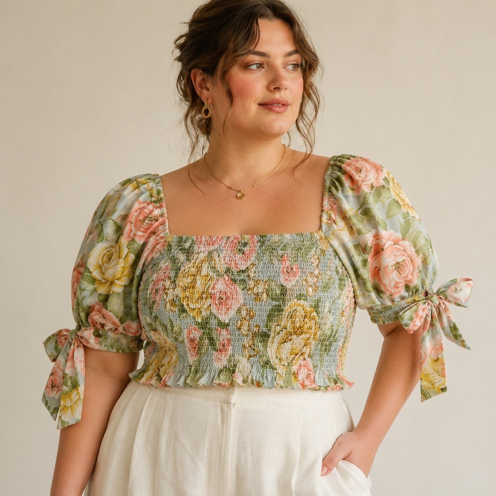 Express Floral Smocked Crop Top XL Puff Sleeve Cottagecore Coquette Pink Lyocell